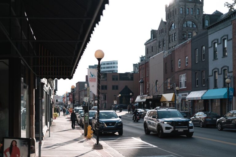 Downtown street with brick storefronts