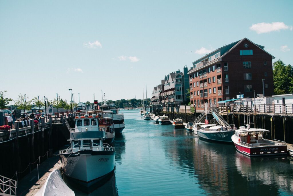 Boats and brick buildings in the Old Port, Portland, Maine